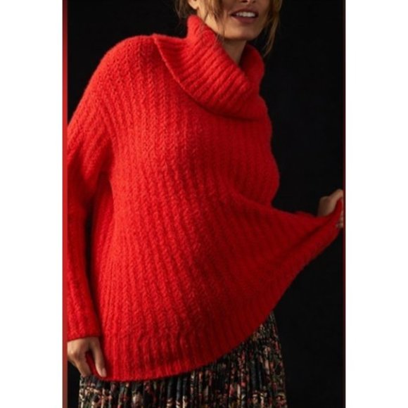 Worn Once - Anthropologie Maeve red Cowl Neck Pullover Chunky Sweater - - Picture 2 of 6